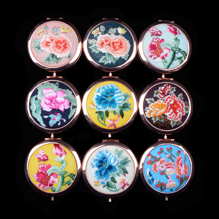 信阳化妆随身镜精品出国送礼刺绣中国风古风摄影 手绣镜子